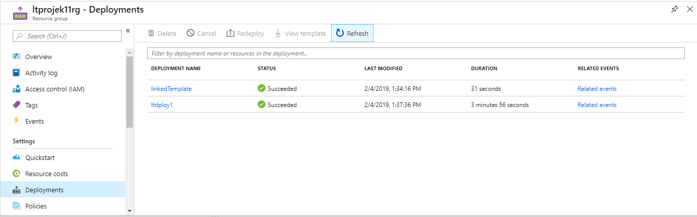 Screenshot of the Azure Portal with linked templates deployment listed as successful.